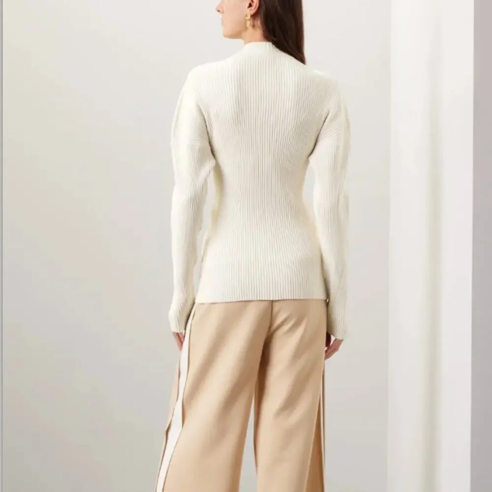 A.L.C. White Ribbed Knit Full Zip Sweater LARGE Work Quiet Luxury Designer $500